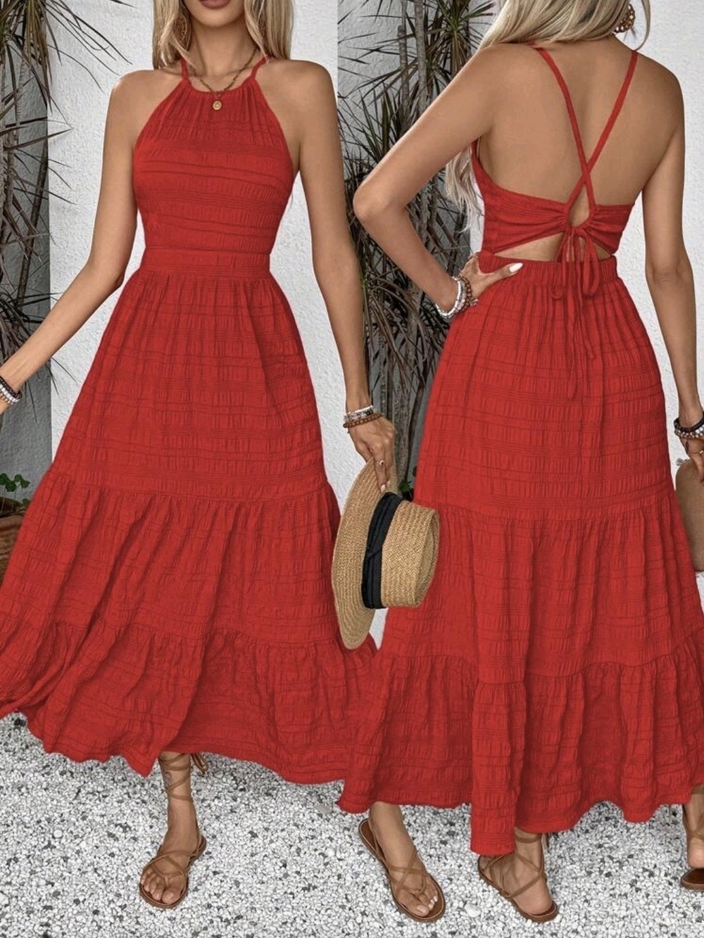 Breezaya Shein Red Halter Tiered Midi Dress with Open Back Beach Vacation Resort